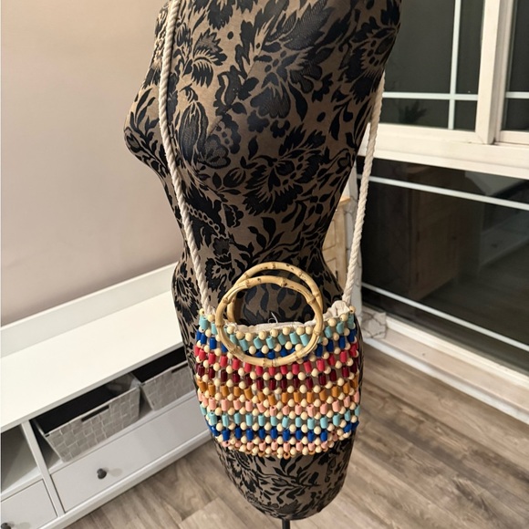 Zara wood beaded tote handbag with cotton strap bamboo handle - Picture 2 of 4